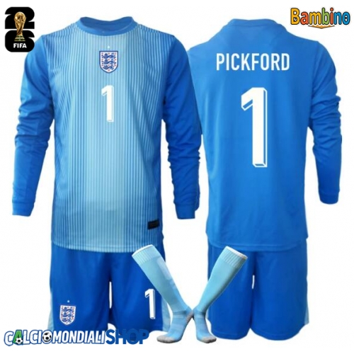 Maglie da calcio Inghilterra Giordania Pickford #1 Portiere Prima Maglia Bambino Mondiali 2026  Manica Lunga + Pantaloni corti)
